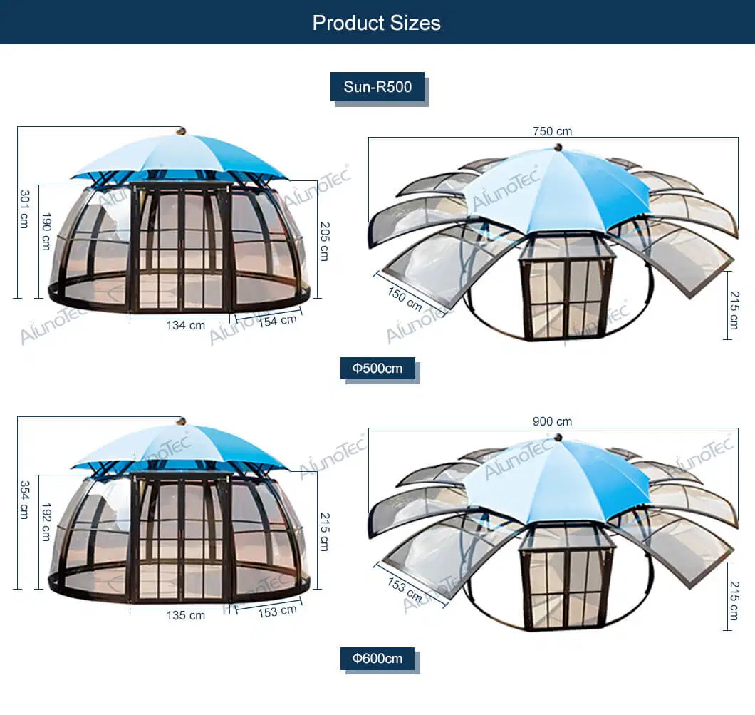 OEM High Quality Ventilated Aluminum Alloy Patio Pavilion Tent Enclosures Glass Room Pergola Canopy Gazebo Garden House Outdoor Dome Sunroom